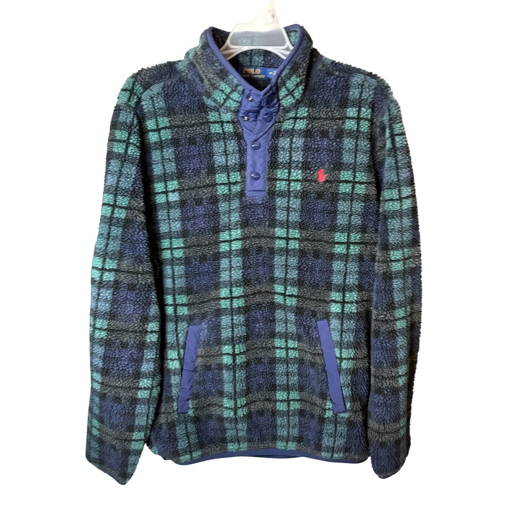 Polo Ralph Lauren Sherpa Pullover Sweater Mens M Blue Tartan High-Pile Heritage